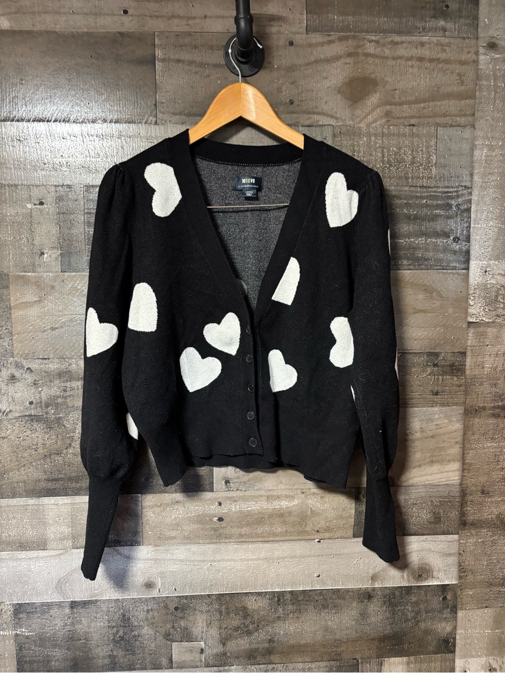 Maeve By Anthropologie Black Cardigan with White Heart Motif Large